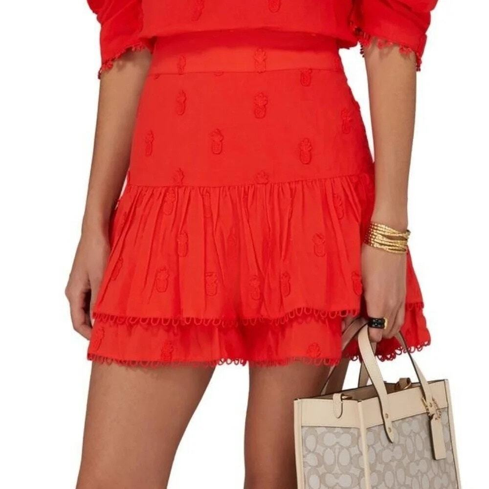 Farm Rio Red Orange 3D Pineapple Embroidered Tiered Eyelet Flirty Mini Skirt